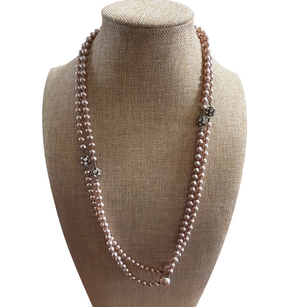 Vintage Pink Faux Pearl Long Opera Necklace Rhinestone Floral Stations